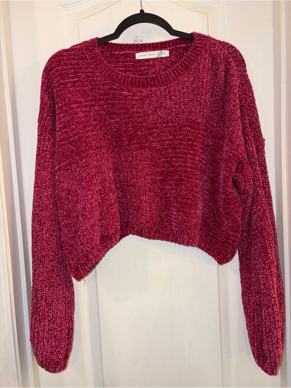 Altar'd State Wine Chenille Cropped Crew Neck Sweater NWOT